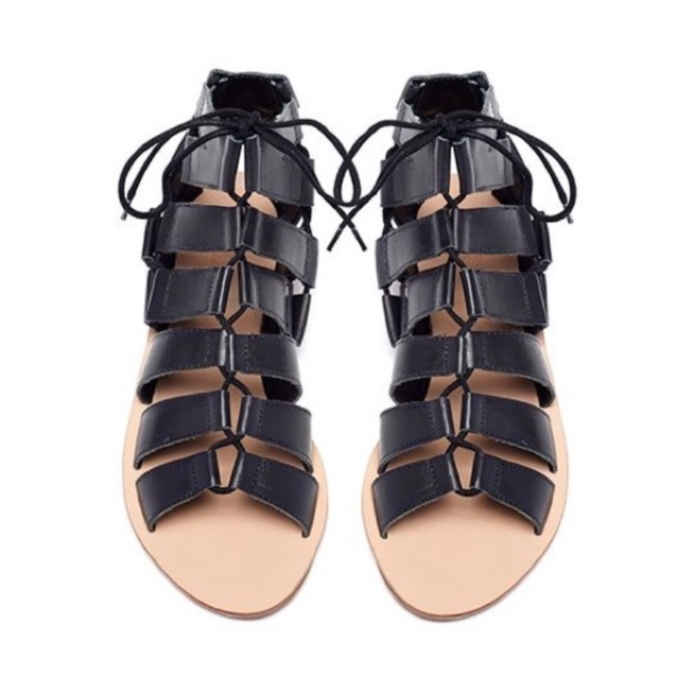 Loeffler Randall Women’s Gladiator Sandals Lace Up Leather Black Flats Open toe